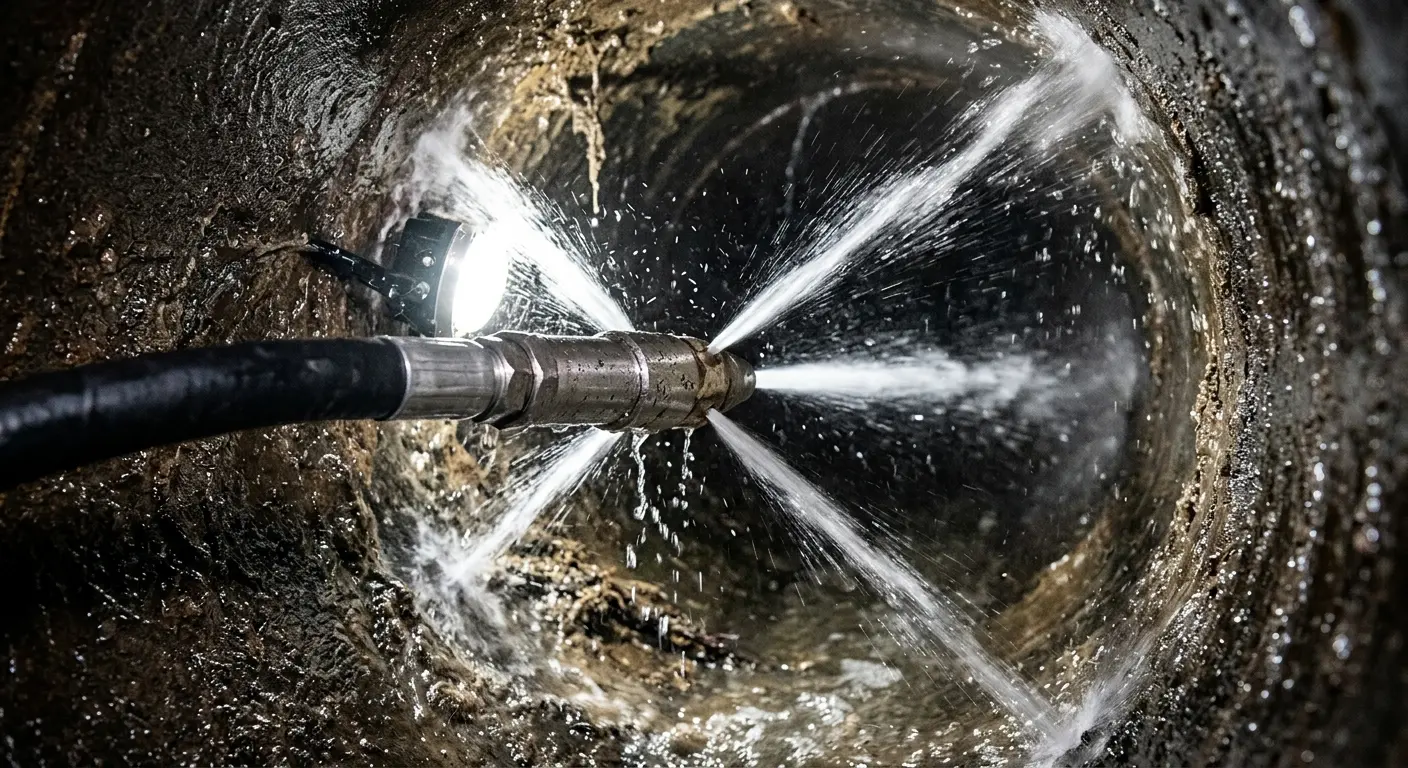 High-pressure hydro jetting nozzle cleaning sewer pipe for Emergency Drain Service in Verona