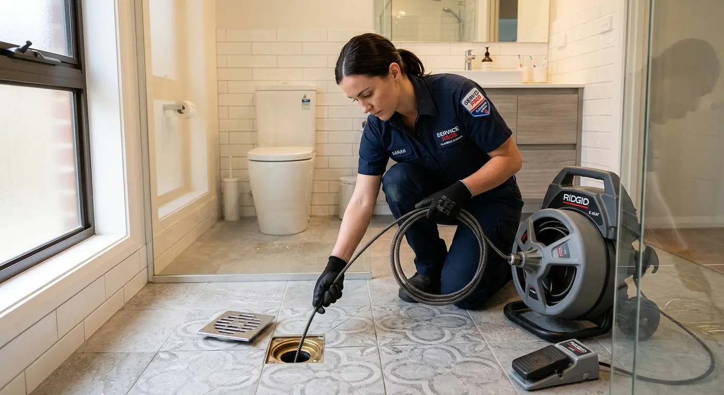 Technician clearing a bathroom floor drain for Clogged Drain Repair in Verona